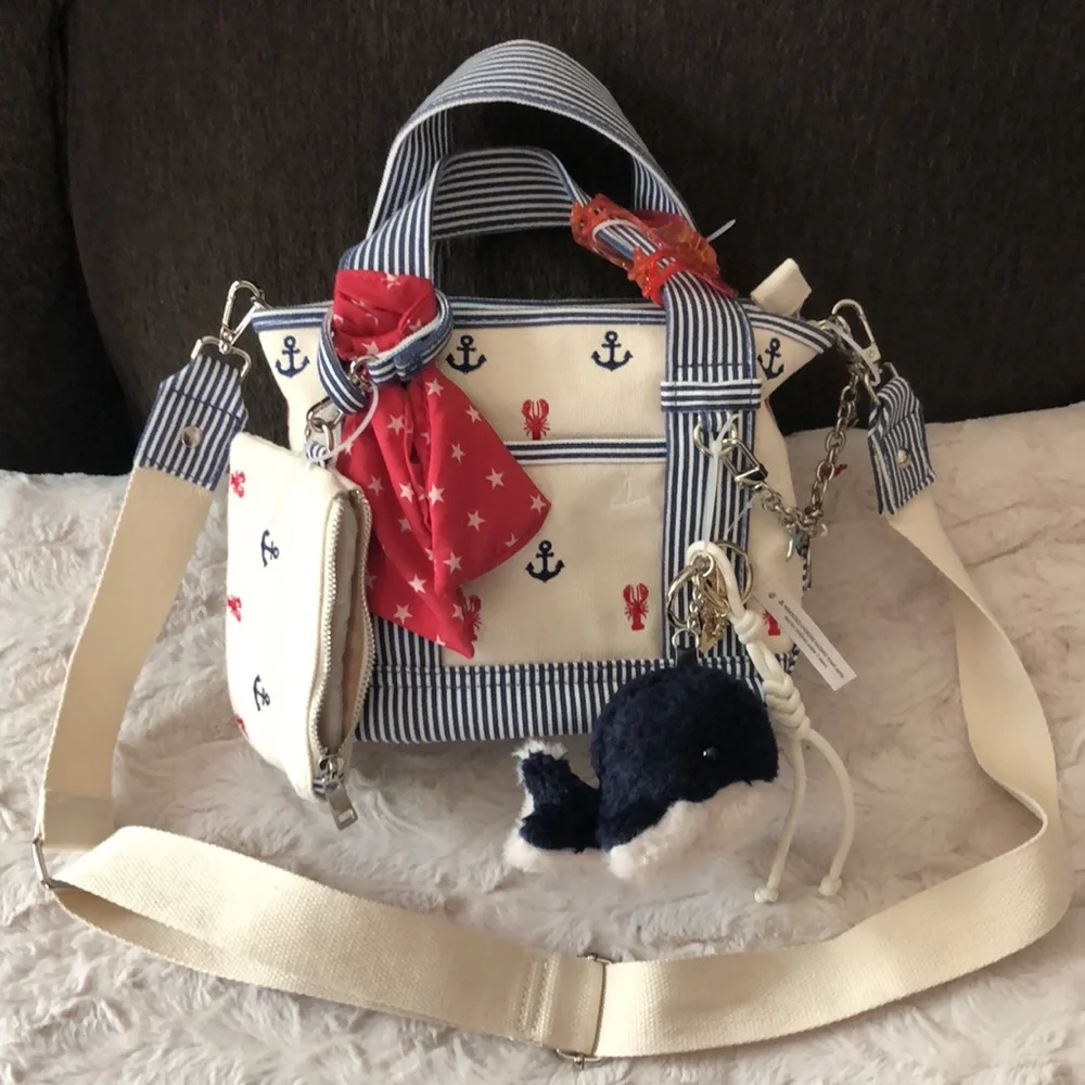 Nautical Anchor Print Cream Canvas Crossbody Bag Mini Tote with Red Scarf - Picture 14 of 14